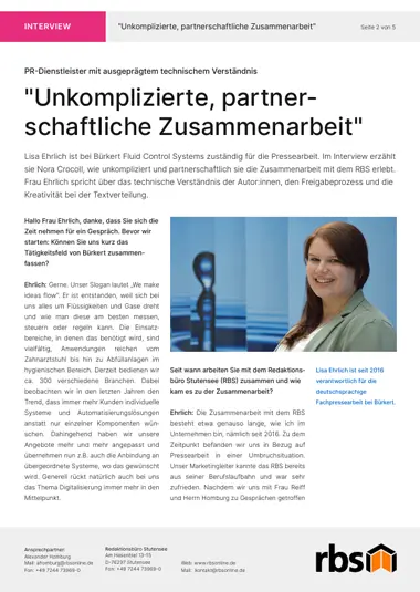 Titelseite des Interview-PDF mit Lisa Ehrlich von Buerkert