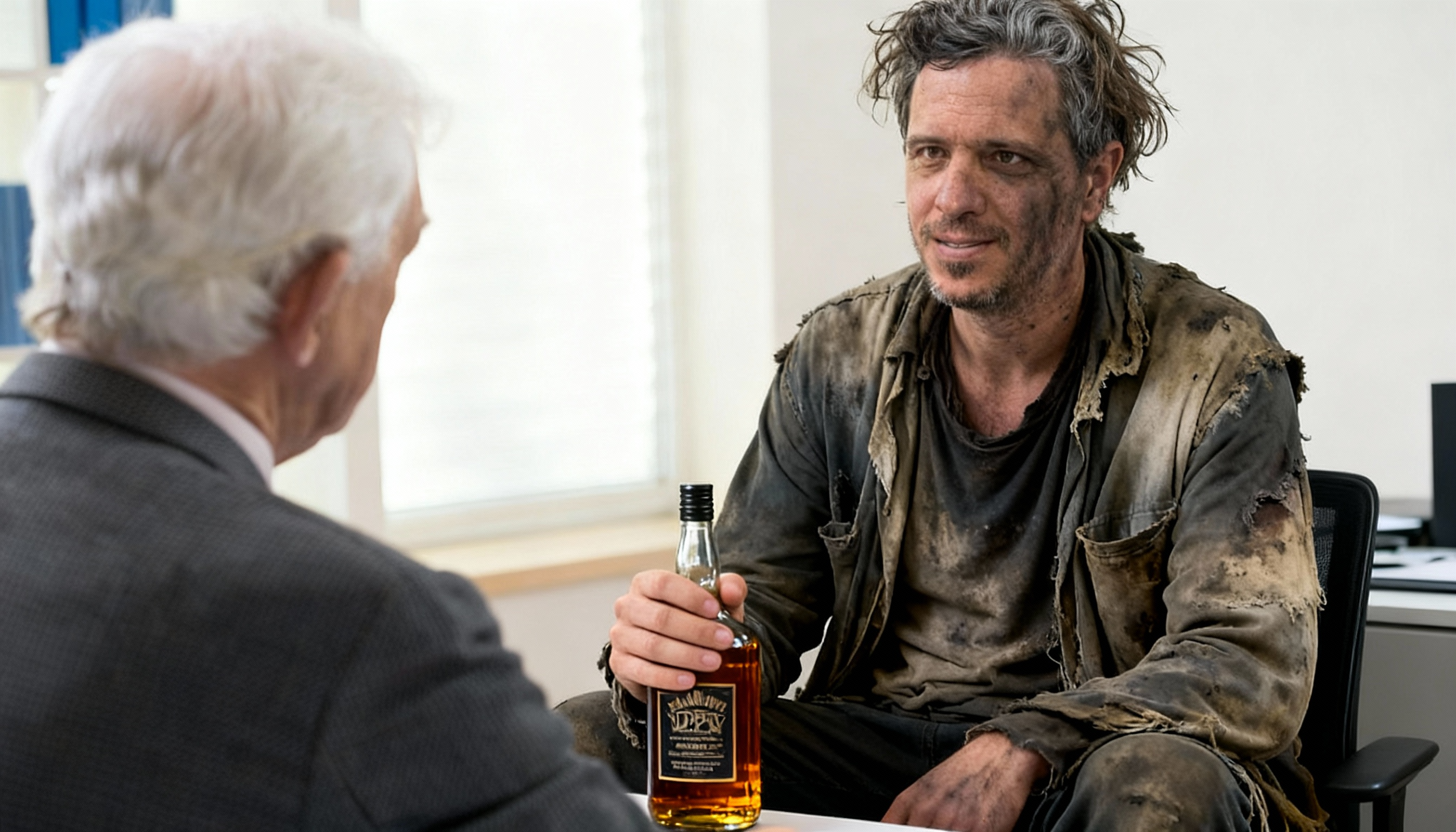 Bild von Alex in schäbigen Klamotten mit einer Schnapsflasche bei einem Vorstellungsgespräch