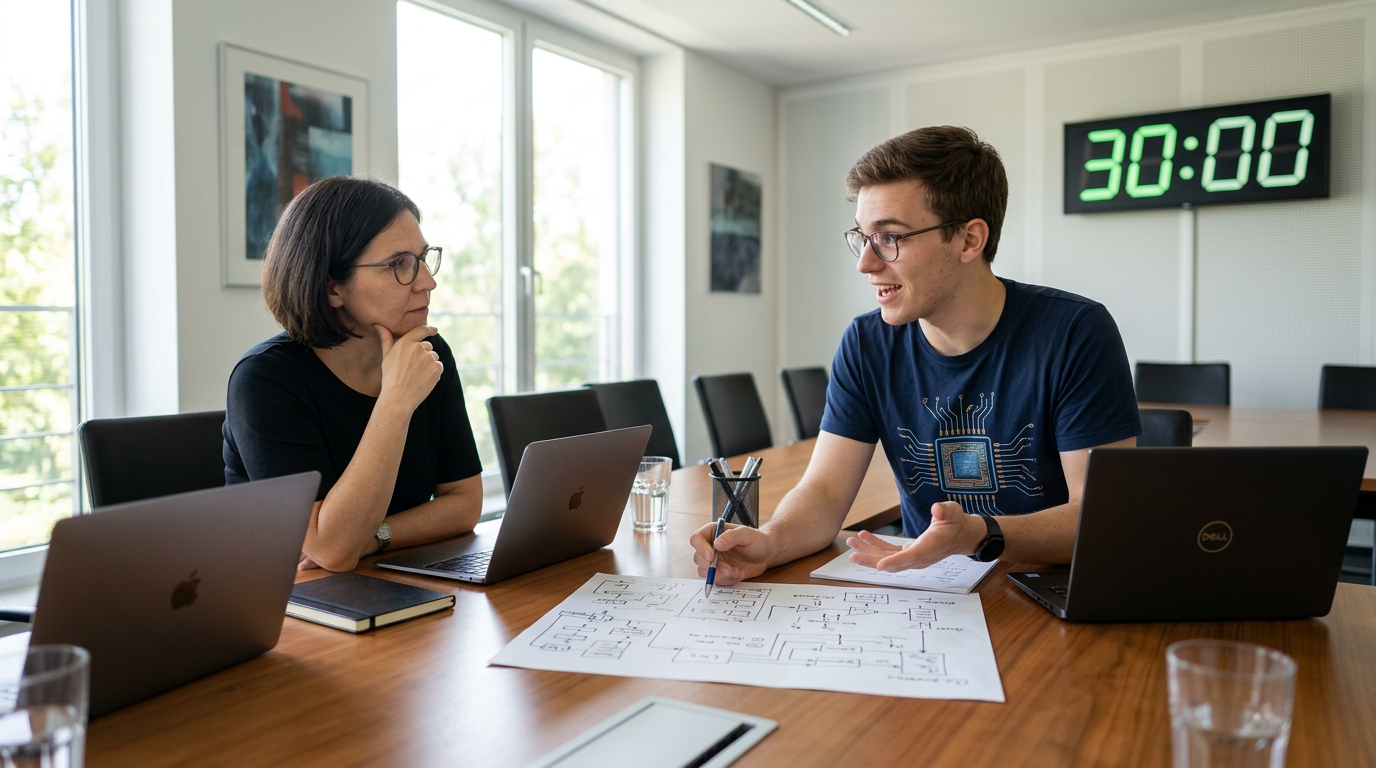 Nora Crocoll spricht mit einem jungen Ingenuieur, der ihr technische Hintergründe erklärt.