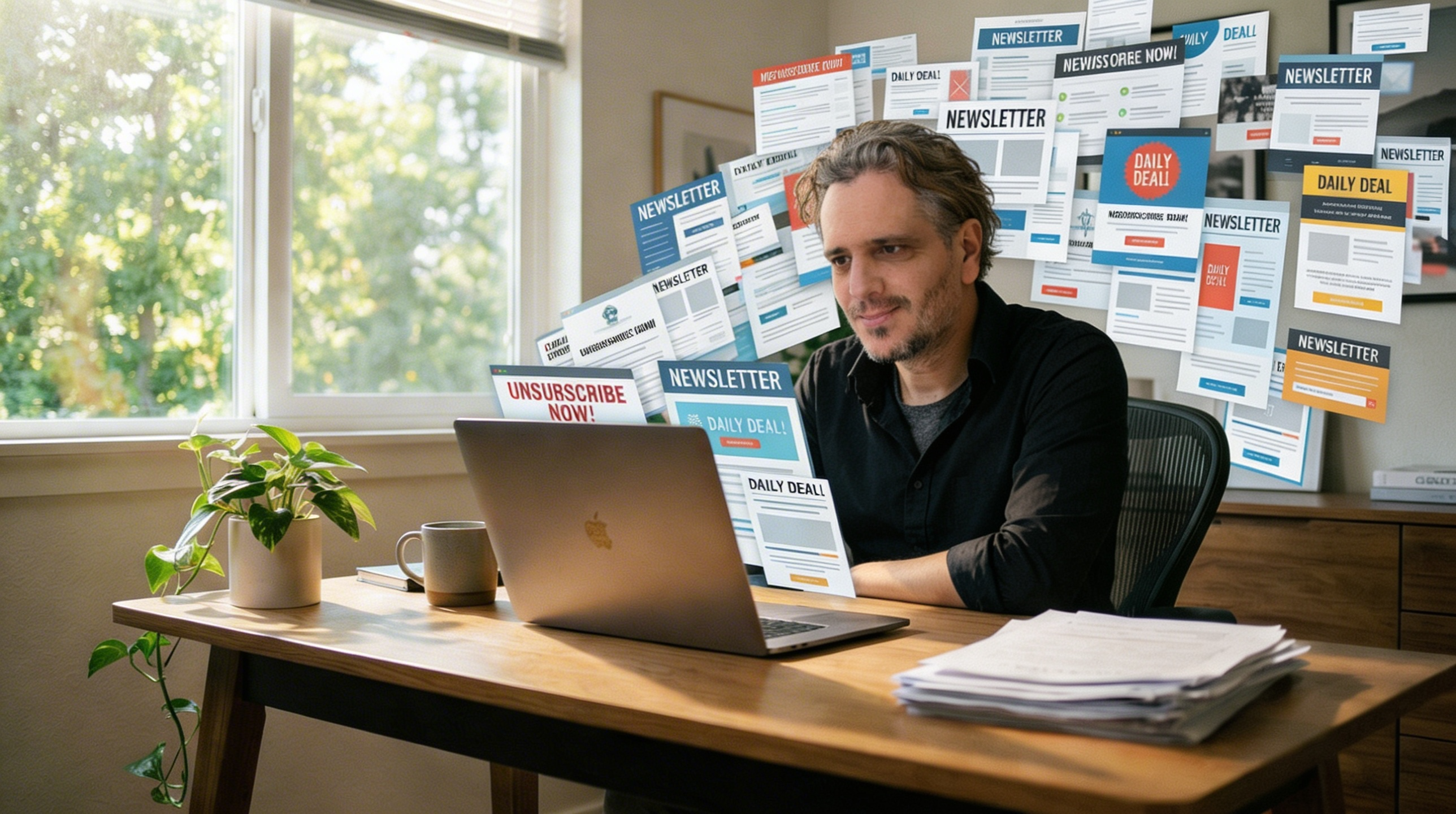Alex sitzt vor seinem Laptop und wird mit Newslettern zugeschüttet, die er nicht liest.