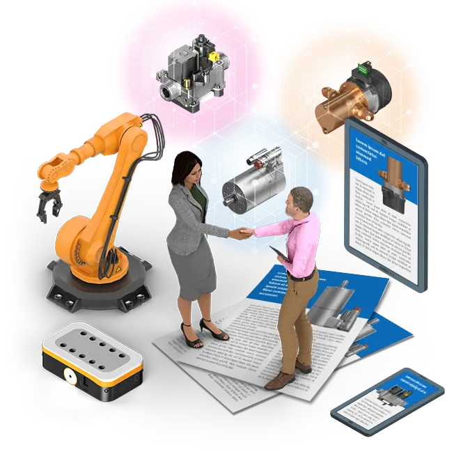 Business-Frau und Mann begrüßen sich. Im Hintergrund sind verschiedene Maschinen, Roboter, Antriebe und Fachzeitschriften zu sehen.