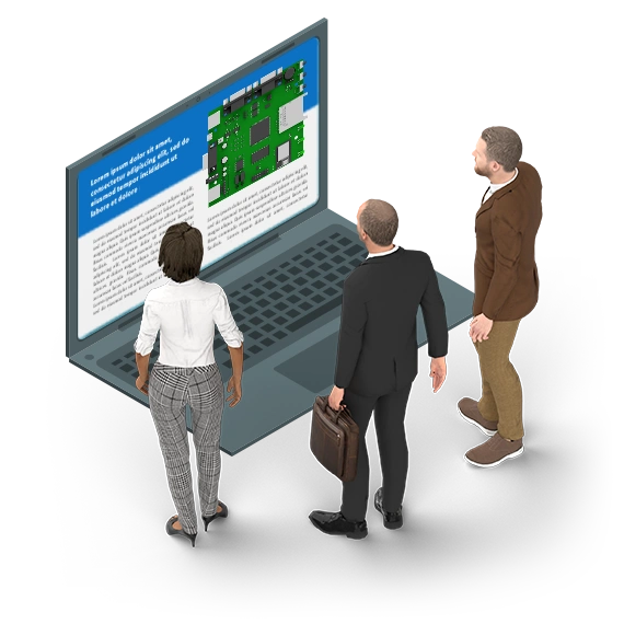 Drei Personen stehen vor einem überdimessionalen Laptop und lesen Interessiert Content-Marketing Inhalte.