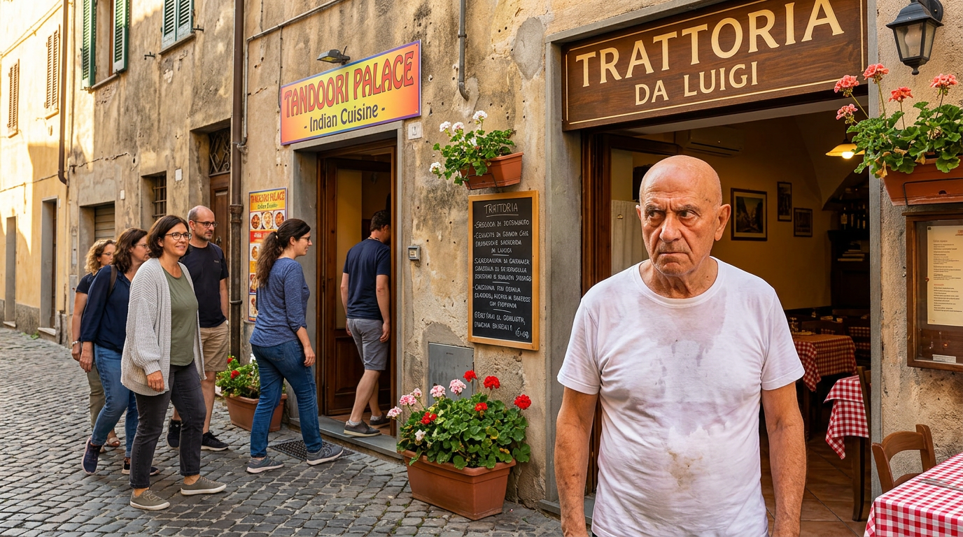 Italienischer Wirt blickt argwöhnisch auf Nora, die das benachbarte Restaurant besucht.